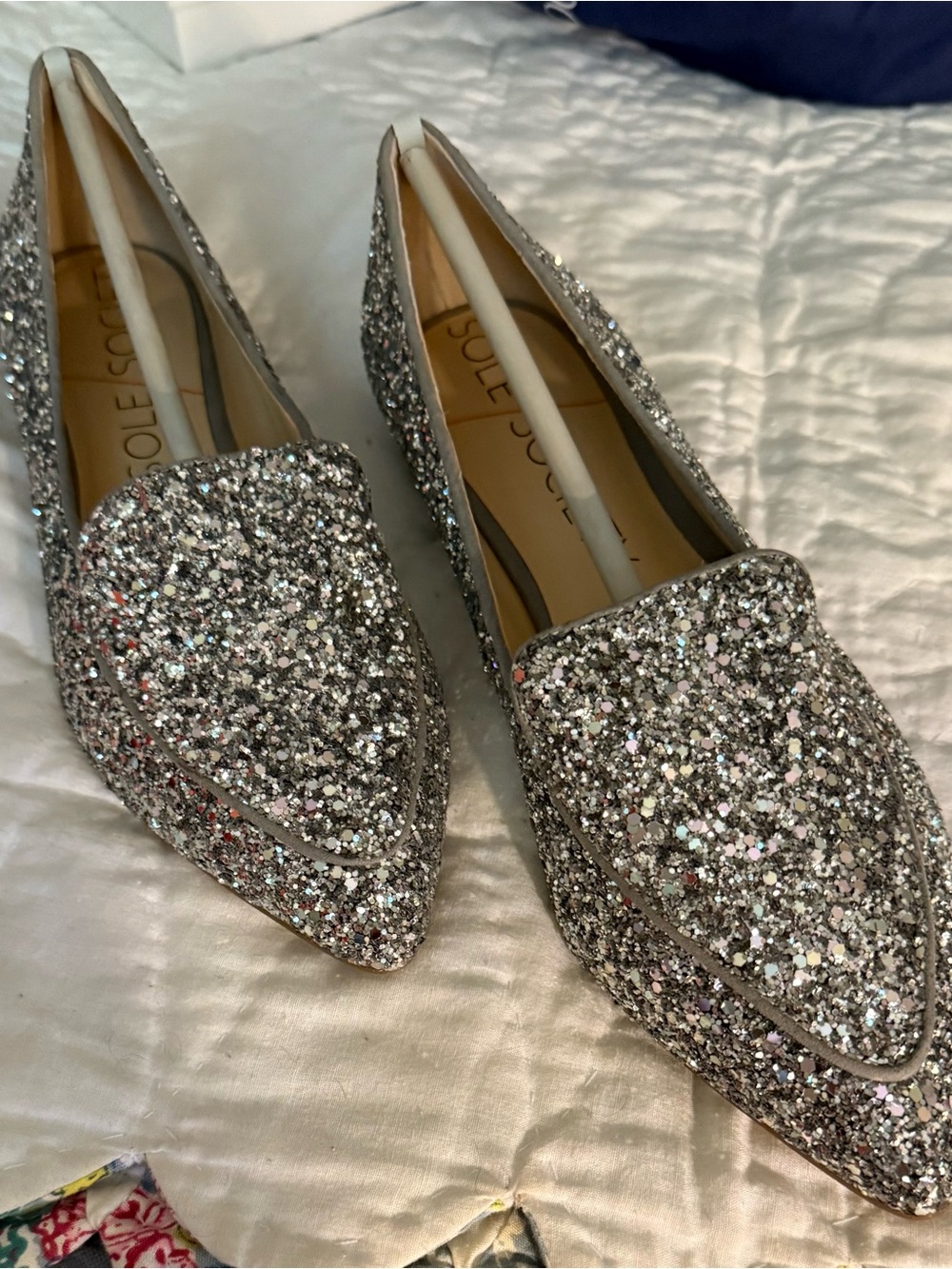 Sole Society Silver Glitter Pointed Loafer Flats